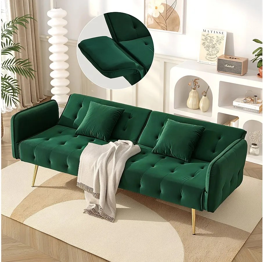 Sofa 2-osobowa rozkładana - 178 x 82 x 70 cm - z regulowanym oparciem i podłokietnikami - welur - zielona