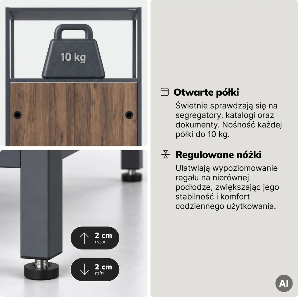 Regał na segregatory z szafką zamykaną, biurowy, otwarte półki, metalowy antracytowy/orzech, 800x2200x400 mm: ARIEL Eco Design