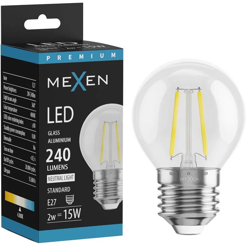 Mexen Vintis żarówka filament LED E27, G45, 2W, Neutralna - 4000K, 240 lm, clear - L156-E14-0227-00