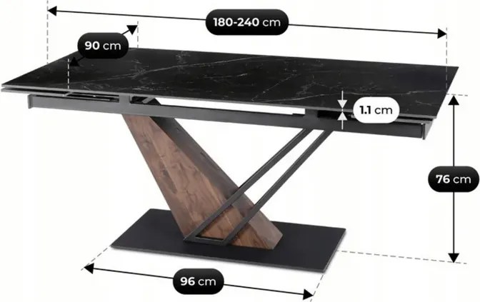Stół Rozkładany Prostokątny REX 2 180-240 cm Ceramiczny Czarny Marmur/Orzech Japandi