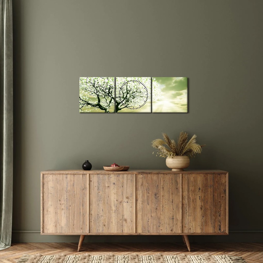 Obraz drzewa na łące (z zegarem) (90x30 cm)