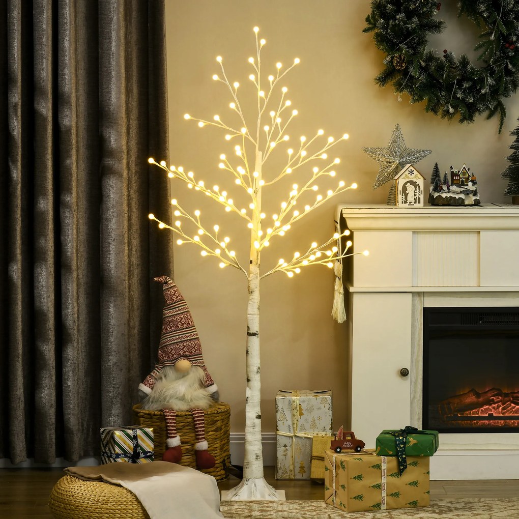 HOMCOM Sztuczna brzoza z 120 diodami LED, 3 poziomy jasności, składane gałęzie, IP44, 150 cm, Biały