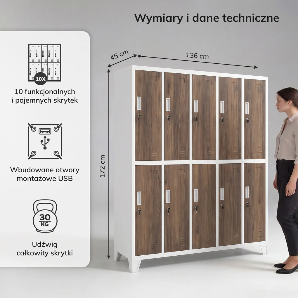Szafa socjalna ubraniowa 10-drzwiowa biała/orzech, 1360x1720x450 mm: BARTEK Eco Design