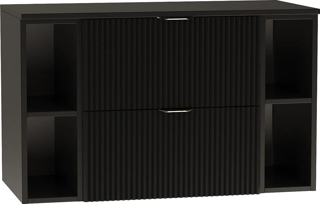 Czarny Zestaw Łazienkowy 100cm Szafka Blat Regały Ryflowane Fronty