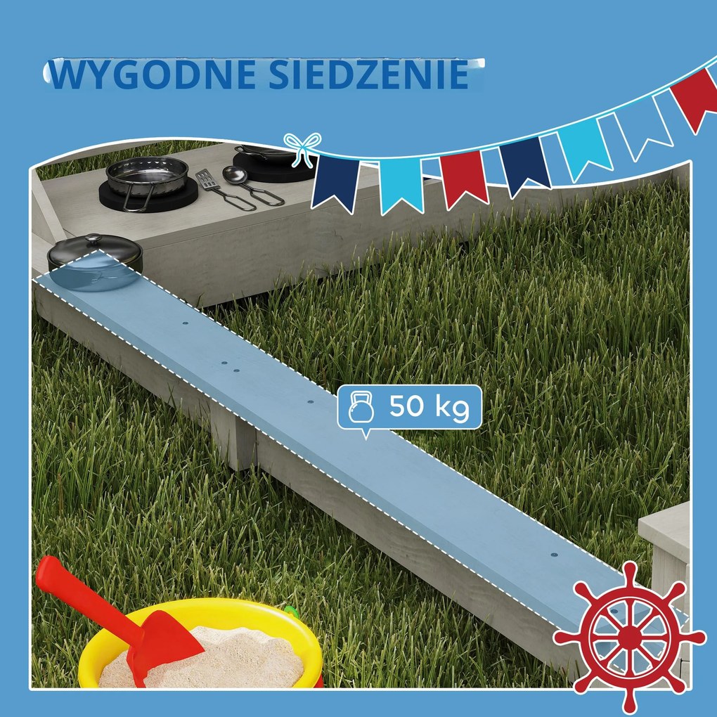 Outsunny Piaskownica Piracki Statek z Daszkiem i Zestawem Kuchennym dla Dzieci, Drewno, 180 x 103 x 144,5 cm, Szara