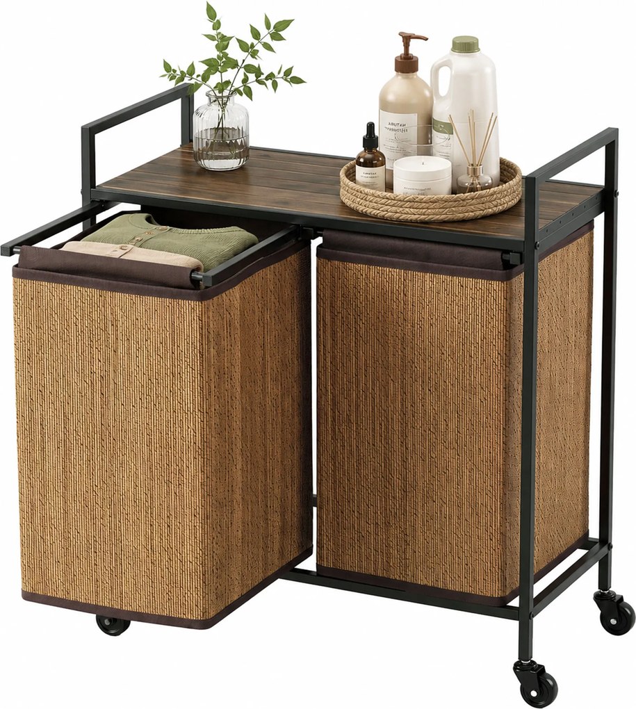 HOMCOM Kosz na pranie bambus 2 komory 120 l, pojemnik z półką, worek na pranie, na kółkach 73x33x78 cm, Brązowy | Aosom PL