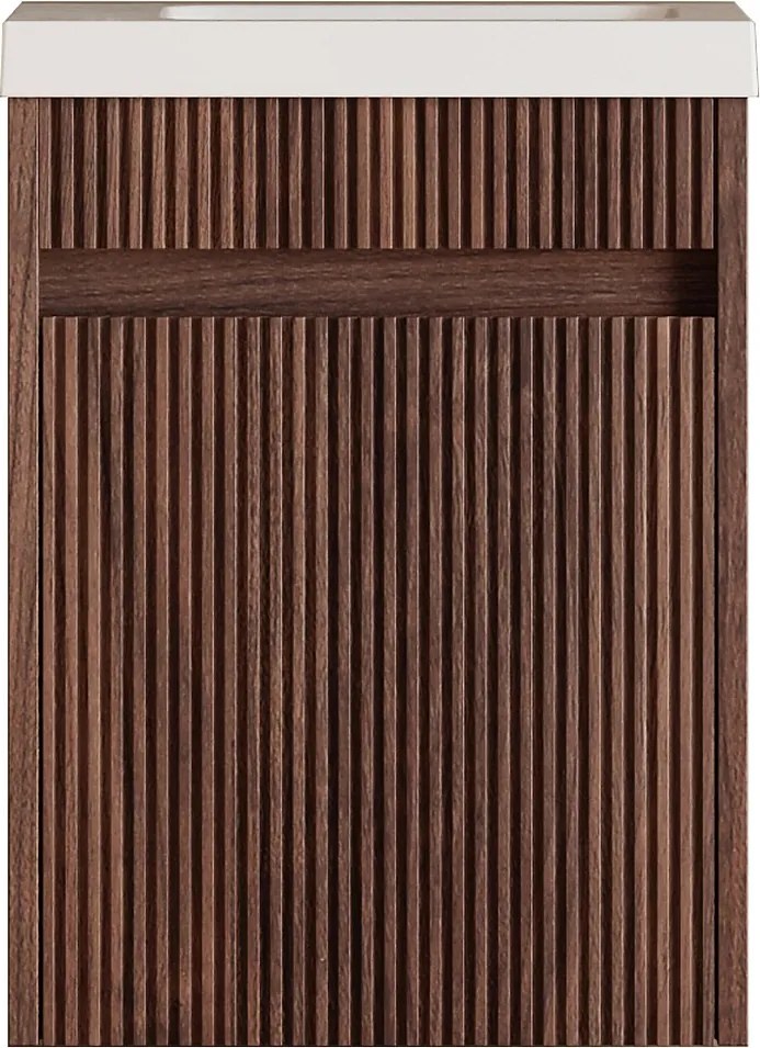 Mebel z umywalką do wc zawieszany ryflowany z drewna jesion Z umywalką z matowej białej żywicy - Ciemnodrewniany - 40 x 25.5 x 54 cm DROVI