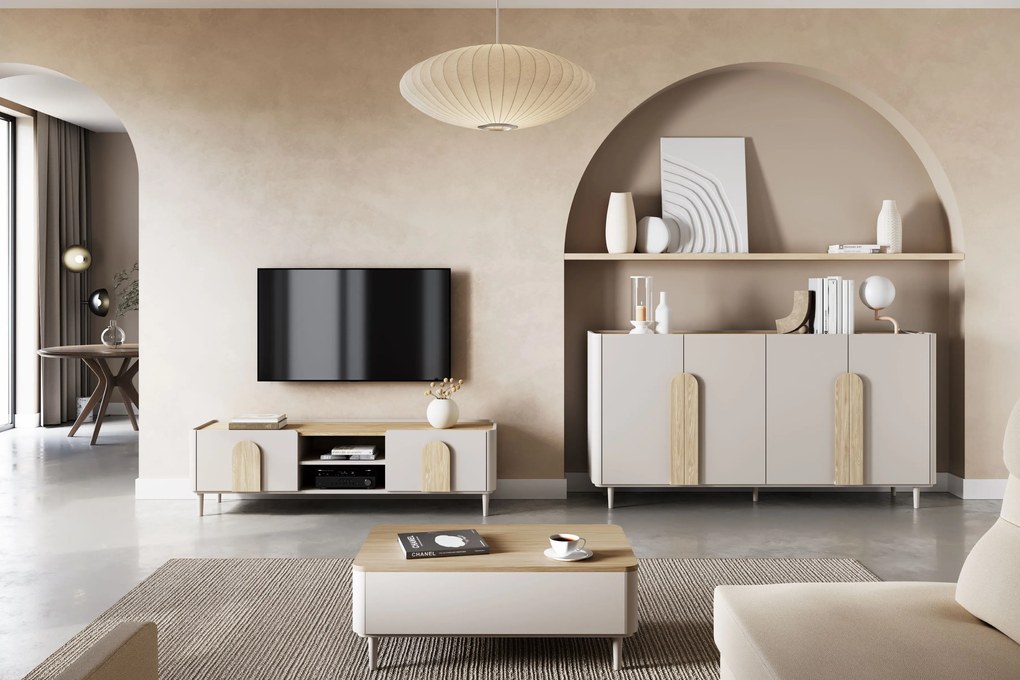 Komoda Amilio 200 cm czterodrzwiowa na nóżkach - kaszmir / dąb olejowany / uchwyty dąb jasny