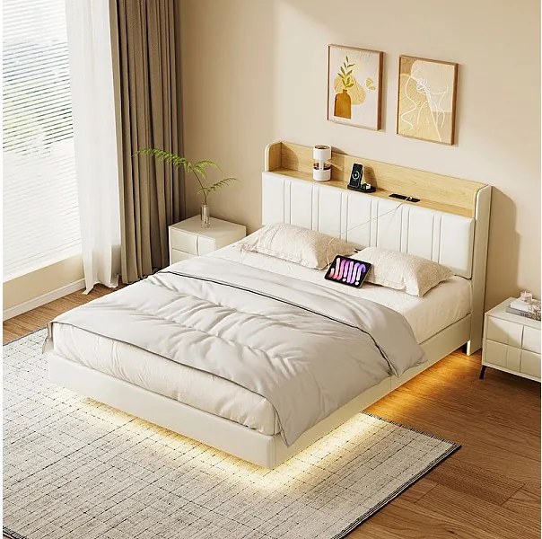 Podwójne łóżko unoszące się 140x200 białe z LED RGB, zagłówek z przechowywaniem, ładowarka USB/EU, ekoskóra, nowoczesny design