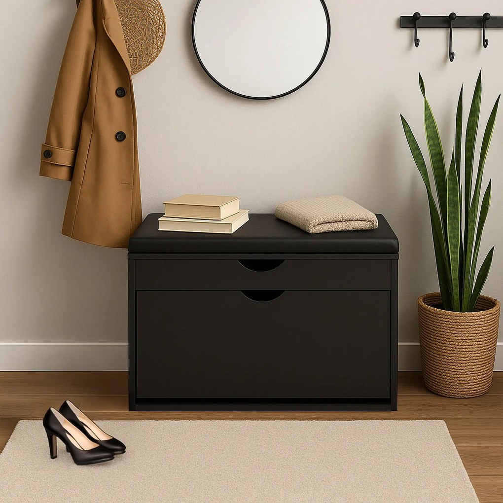 Otwierana czarna szafka na buty z siedziskiem  E5-H58