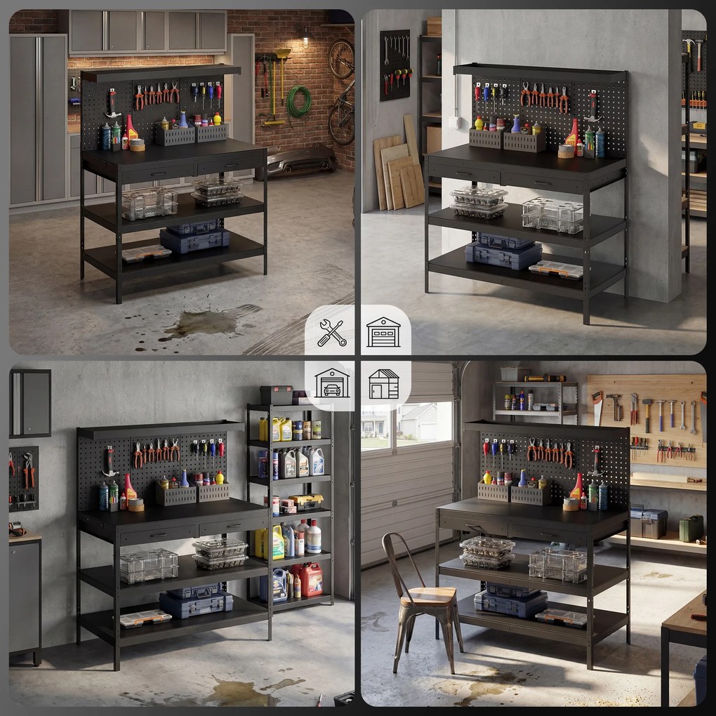 HOMCOM Stacja robocza z regulowanymi półkami, solidna stacja robocza z perforowaną płytą i 2 szufladami, 122 x 61 x 156 cm, Czarna | Aosom PL