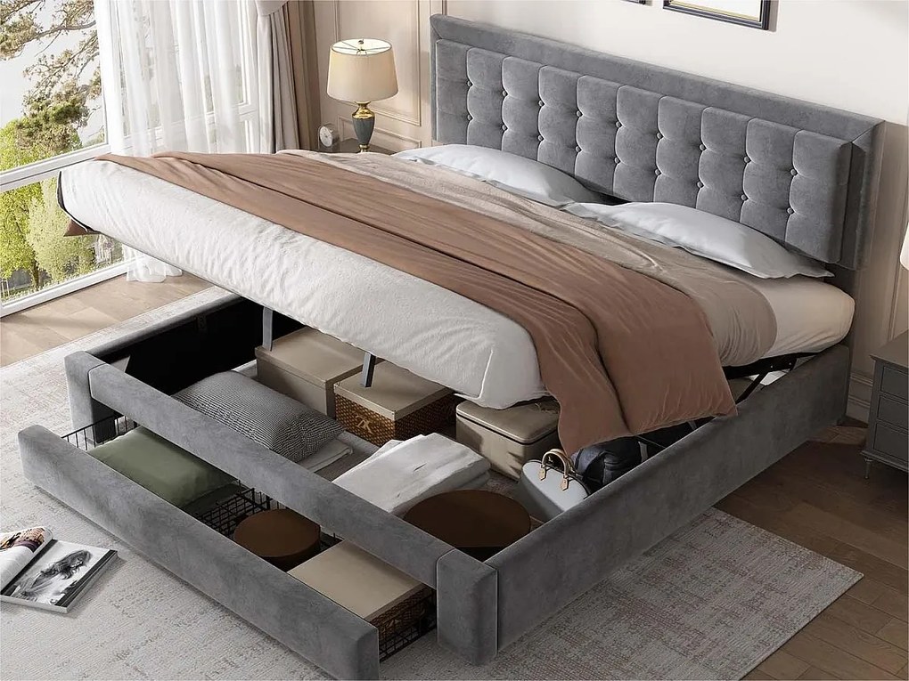 Łóżko tapicerowane 180x200cm z weluru - z szufladą i stelażem - Szare (bez materaca)