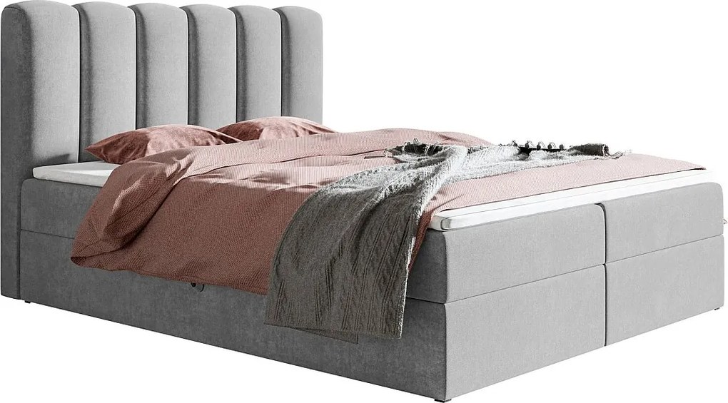 Emporius Rimini łóżko kontynentalne 180x200 z materacem H3 - łóżko dwuosobowe, topper, pojemnik - tkanina aksamitna, jasny szary (Jasmine 90)