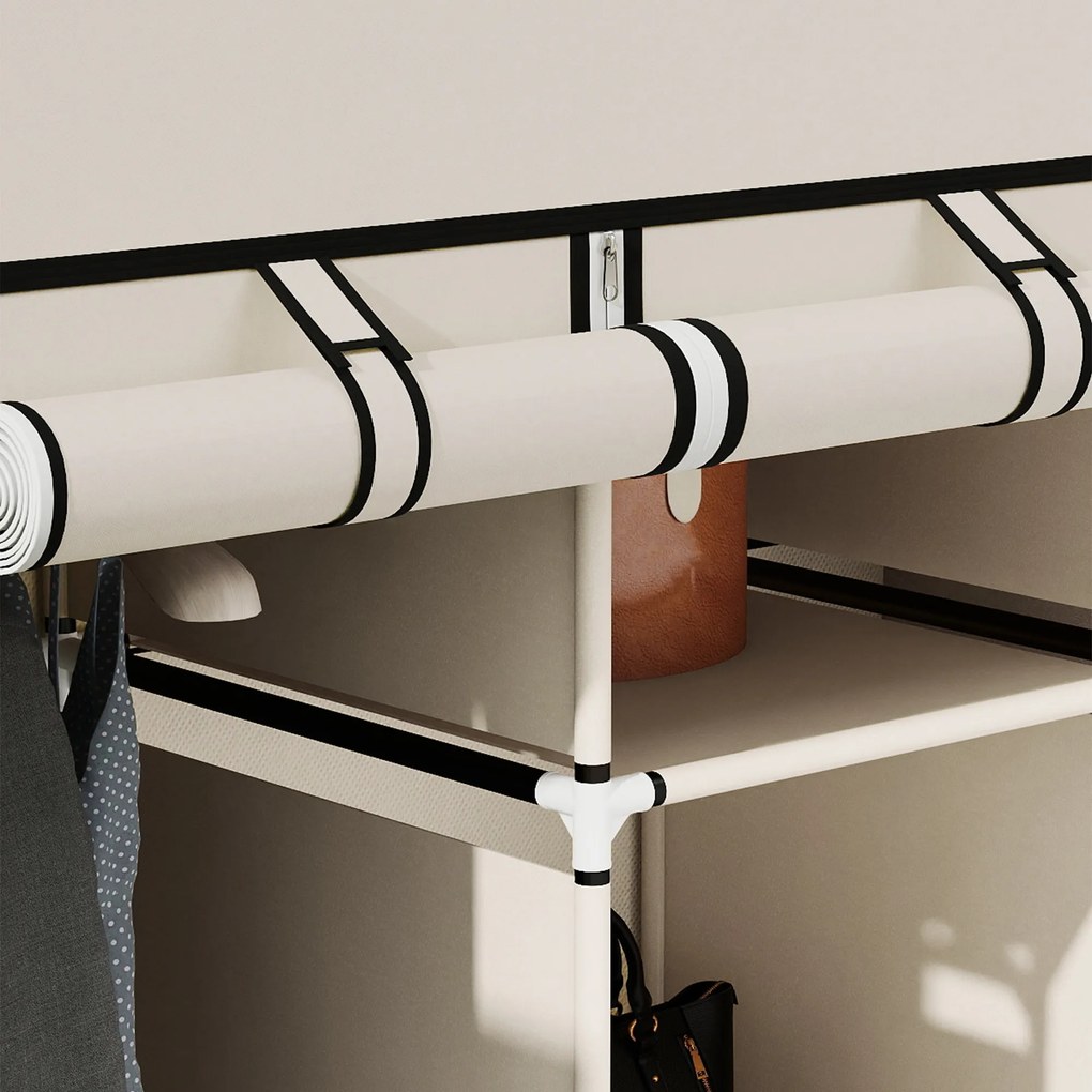 HOMCOM Szafa z tkaniny, rozwiązanie do przechowywania, 8 półek, 2 drążki na ubrania, kremowa