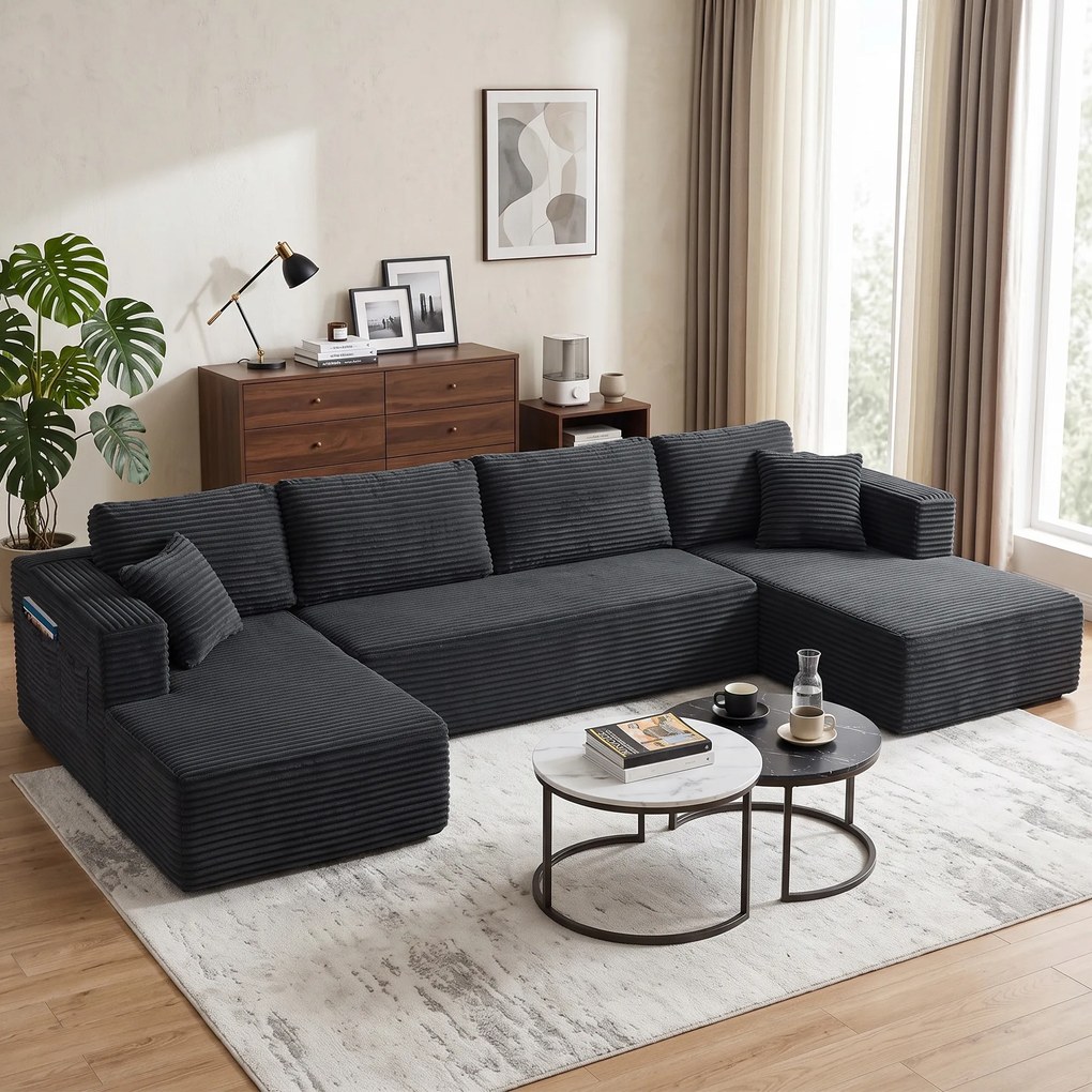 HOMCOM Modułowa sofa w kształcie U z 2 szezlongami, sztruksowa sofa rozkładana z pianką o wysokiej gęstości i sprężynowym wypełnieniem, Ciemnoszara | Aosom PL