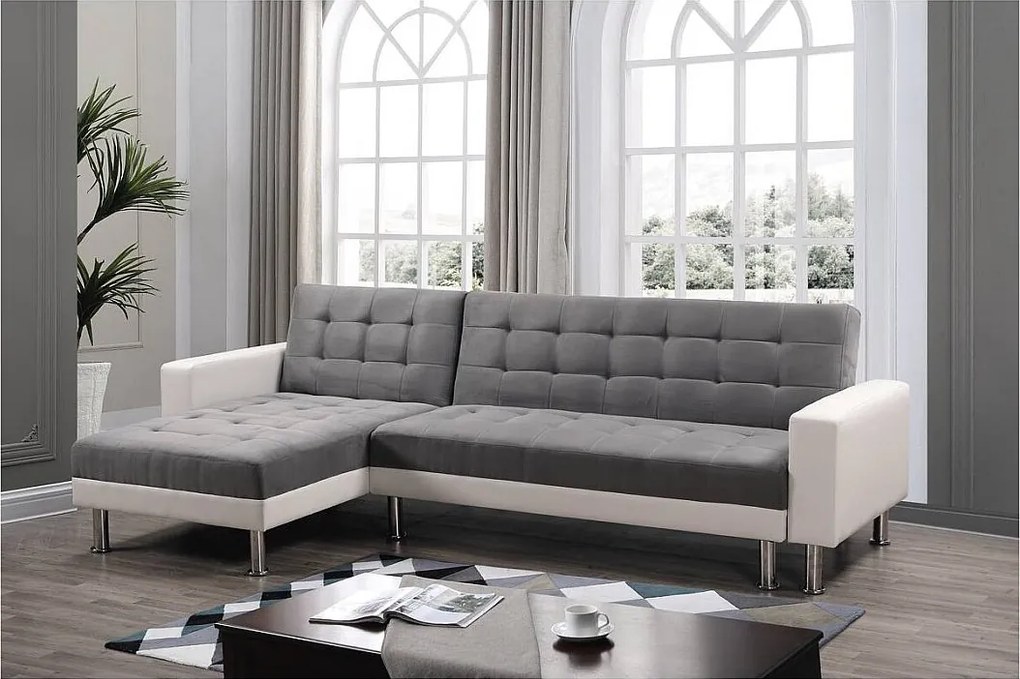 Kanapa narożna "Theo" z możliwością zmiany układu (lewostronny lub prawostronny) - Rozkładana - 258 x 82/147 x 82 cm - 4 miejsca - Biało-szara