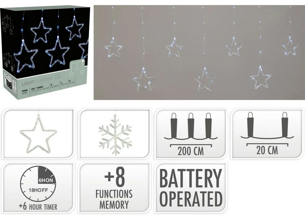 Kurtyna świetlna zewnętrzna Snowflakes, 200 x 60 cm, LED zimna biała timer, 8 funkcji, na baterie, 200 cm