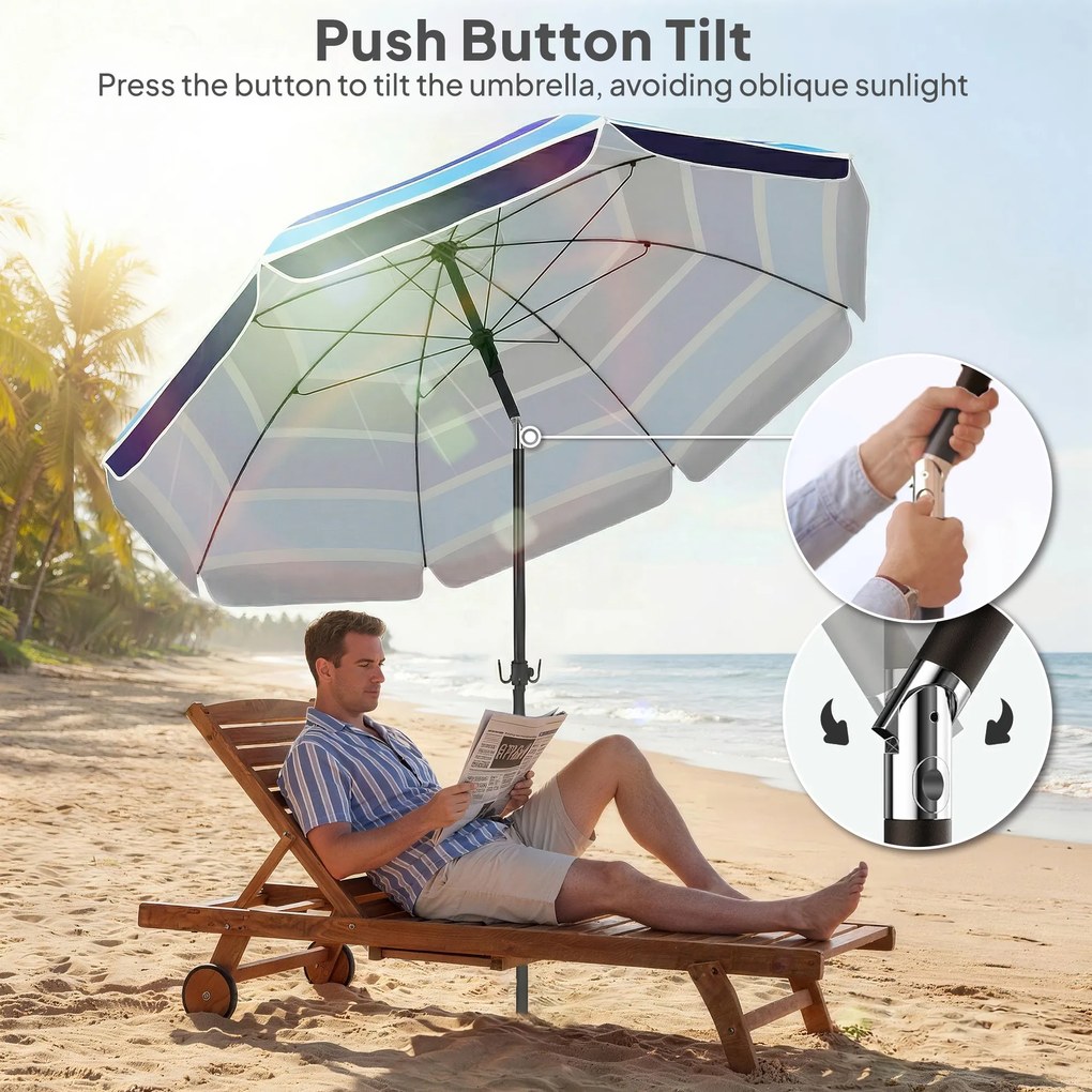 Outsunny Parasol Plażowy Ø198 cm UV30+ z Składanym Stolikiem i Uchwytami na Napoje, Regulowany, Wielokolorowy | Aosom PL