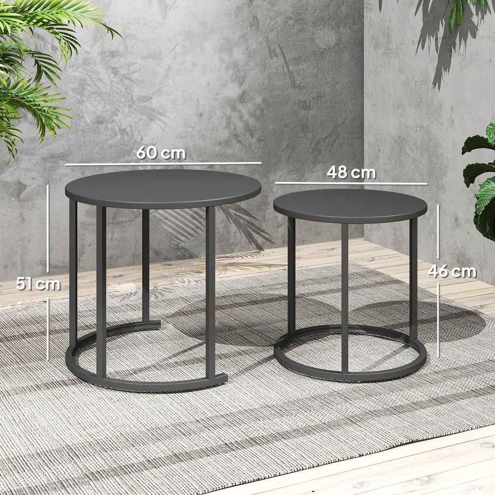 Outsunny 2-osobowy zestaw stolików bocznych, stolik ogrodowy okrągły, odporny na warunki pogodowe, stolik balkonowy ze stali, oszczędzający miejsce Ciemnoszary