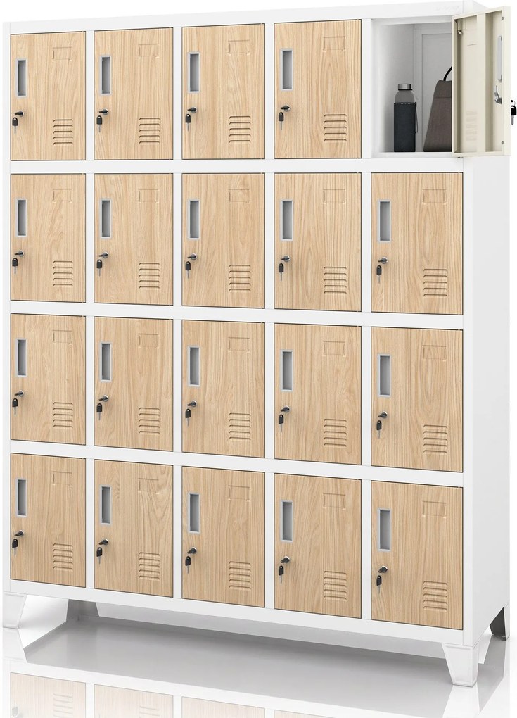 Szafa skrytkowa socjalna 20-skrytkowa na nóżkach biała/dąb sonoma, 1360x1720x450 mm: ROBERT Eco Design
