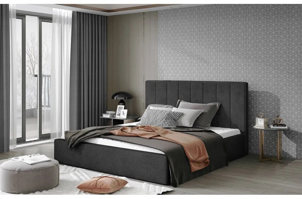 Ciemnoszare tapicerowane łóżko dwuosobowe ze schowkiem ze stelażem 140x200 cm Audrey – ELTAP