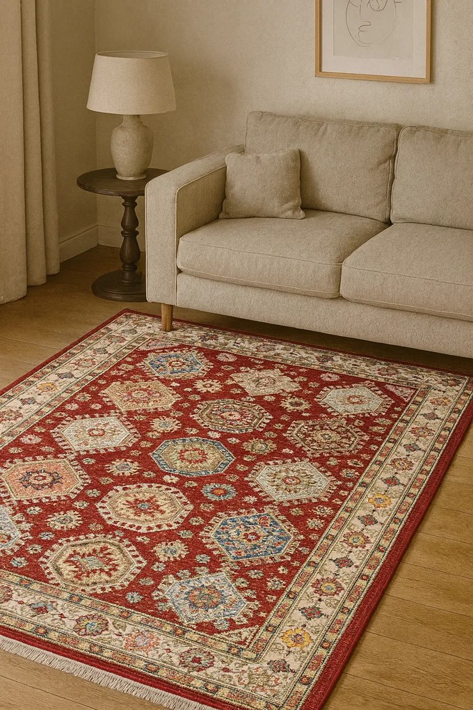 Prostokątny czerwony dywan w geometryczne wzory F4-H65