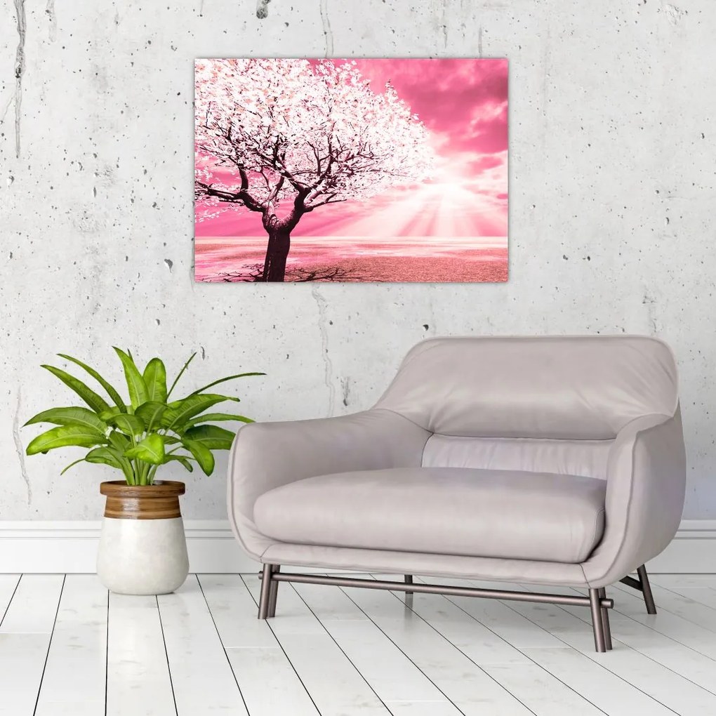 Obraz na szkle - różowy obraz drzewa (70x50 cm)