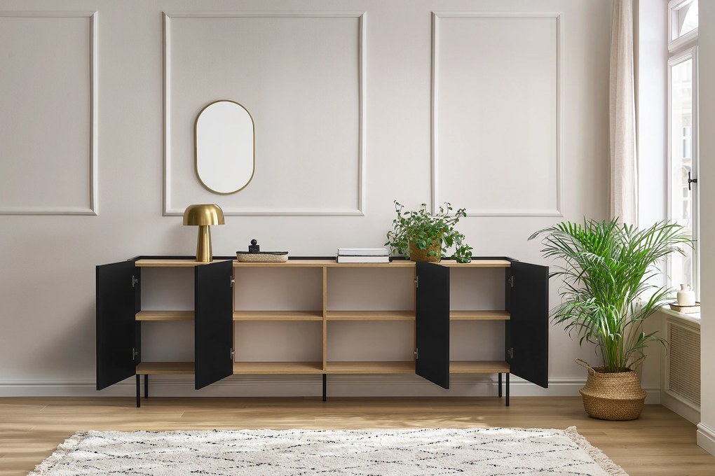 Komoda Desin 220 cm czterodrzwiowa - czarny mat / dąb nagano