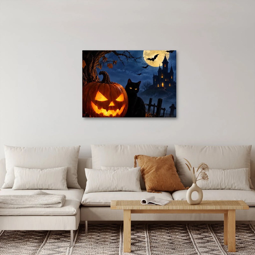 Obraz - Czarny kot przy świecącej dyni na Halloween (70x50 cm)