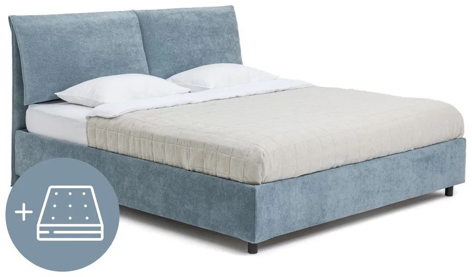 Niebieskie tapicerowane łóżko dwuosobowe ze schowkiem z materacem i stelażem 180x200 cm Myra Pillow – Bonami Selection