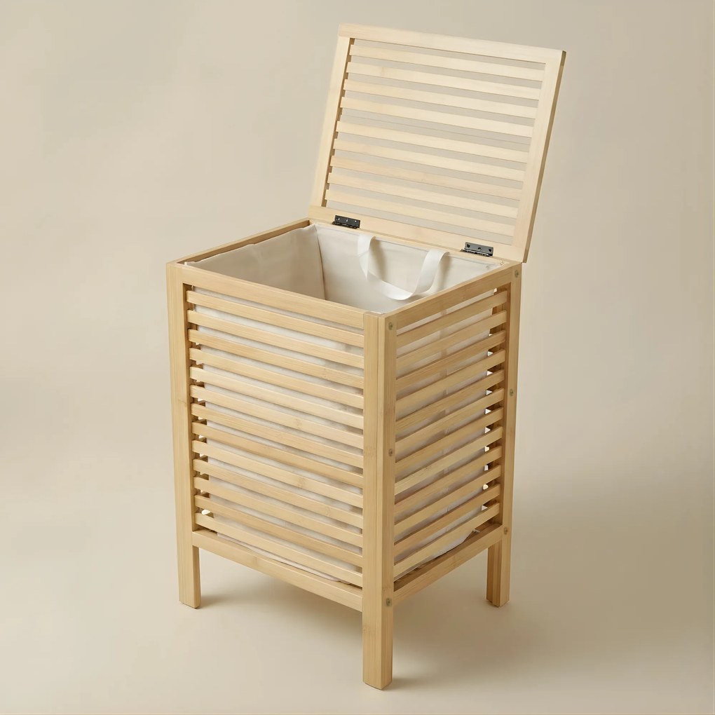 Bambusowy kosz na pranie z pokrywą i wyciąganym workiem LUND, 60 L