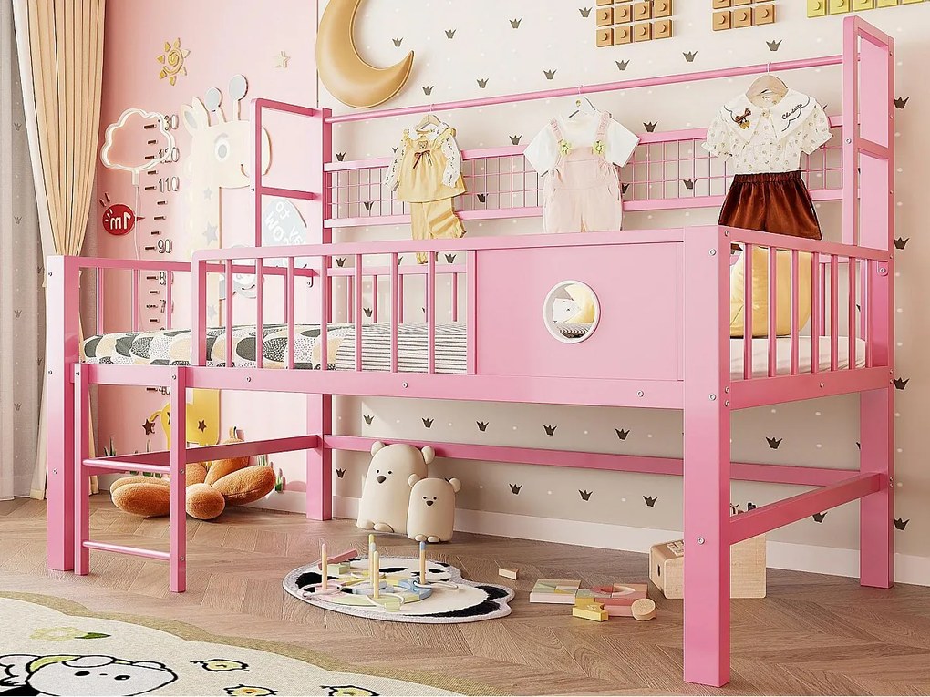 Łóżko dziecięce 90x200cm - Rama metalowa - Z przegródkami do przechowywania - różowy​ (materac nie jest wliczony w cenę)