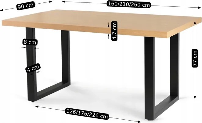 Stół Prostokątny Rozkładany EDWIN 160-260 cm Dąb Złoty/Czarny do Jadalni Loft