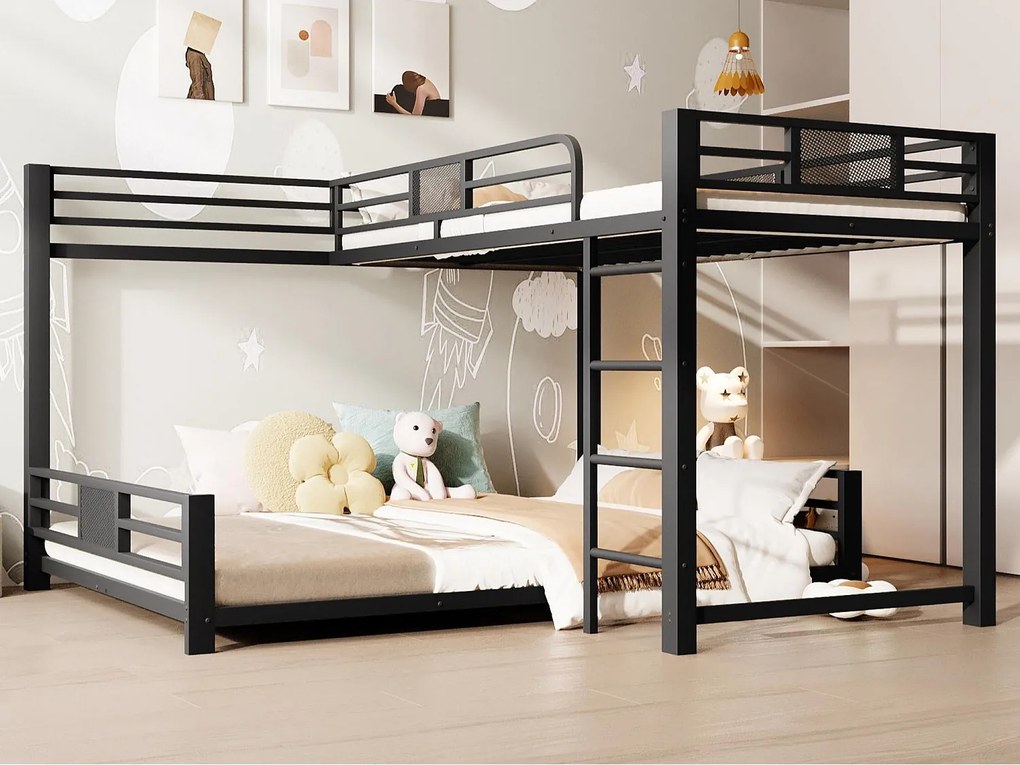 Piętrowe łóżko z metalu w kształcie litery L - 90x200 cm + 140x200 cm - z barierkami bezpieczeństwa i drabiną - Metal - Czarny​ (Materac nie jest wliczony w cenę)