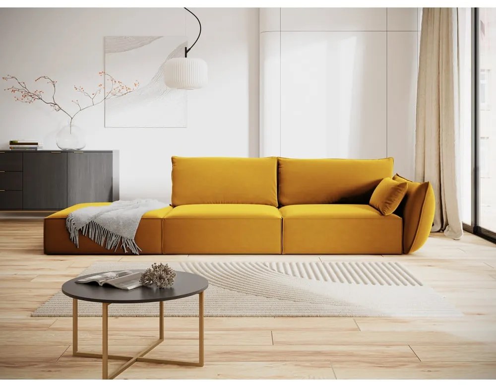 Musztardowa aksamitna sofa prawostronna 264 cm Vanda – Mazzini Sofas