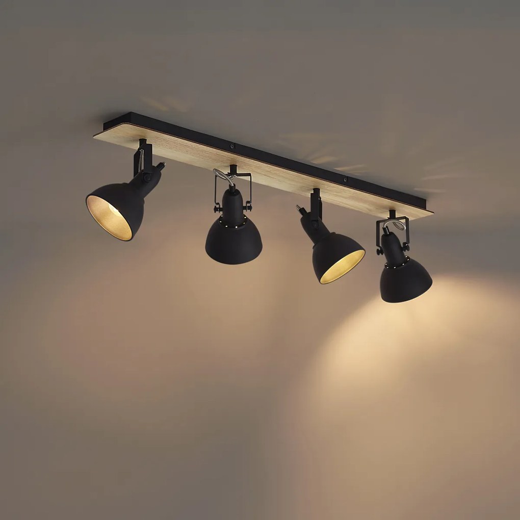 Czarny reflektor sufitowy z drewnem, 4-punktowy, obrotowy i przechylny - Jakub