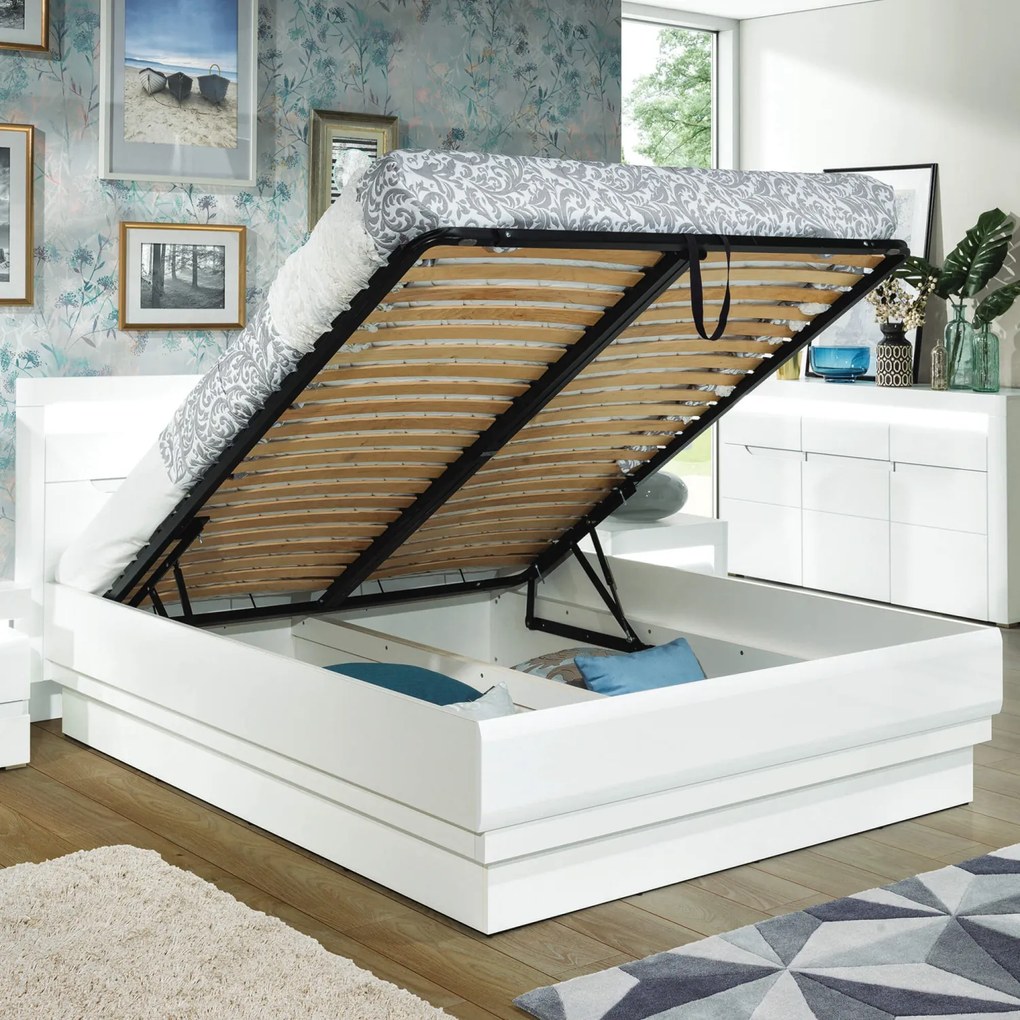 Łóżko Drewniane Dwuosobowe 160x200 cm z Pojemnikiem IVORY Białe Nowoczesne