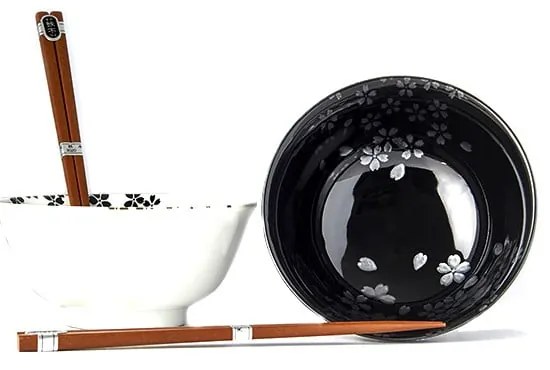 Zestaw 2 czarno-białych ceramicznych misek i pałeczek MIJ Sakura
