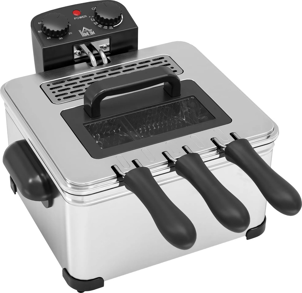 HOMCOM Frytkownica, 5L Pojemności Oleju, Timer, Okno, 2000W Moc, Kolor Srebrny