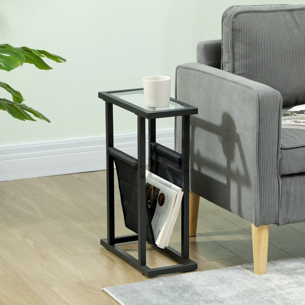 HOMCOM Metalowy stolik pomocniczy z torbą z tkaniny i blatem ze szkła, wąski stolik do salonu, sypialni, Czarny