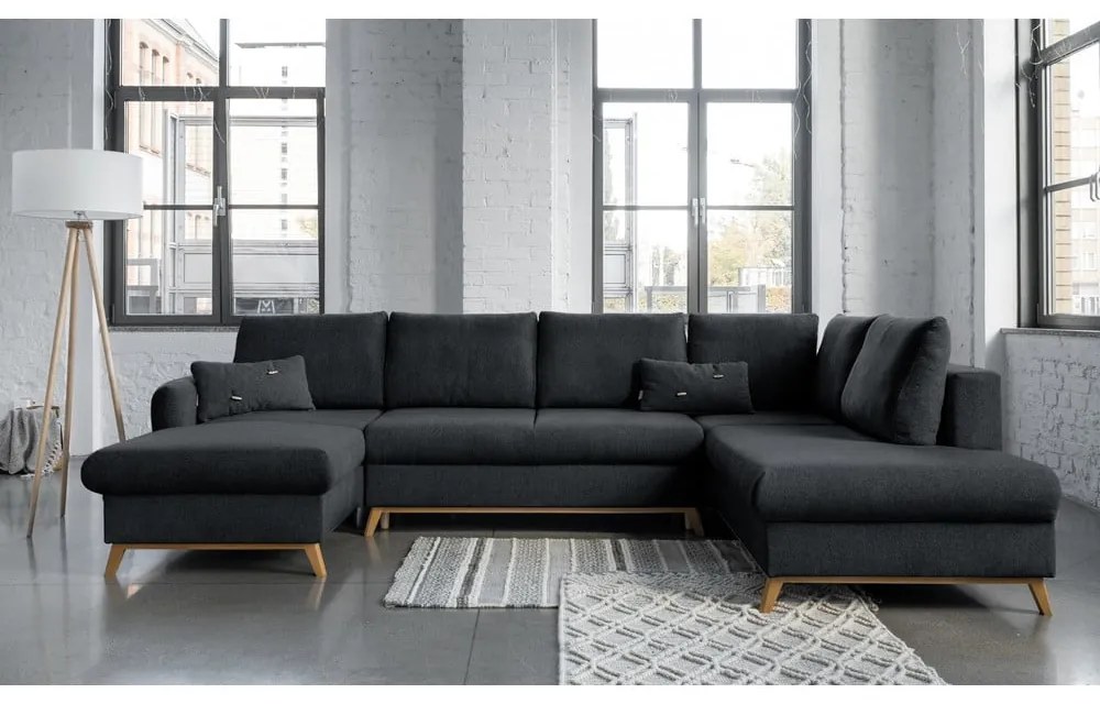 Ciemnoszara rozkładana sofa w kształcie litery "U" Miuform Scandic Lagom, prawostronna