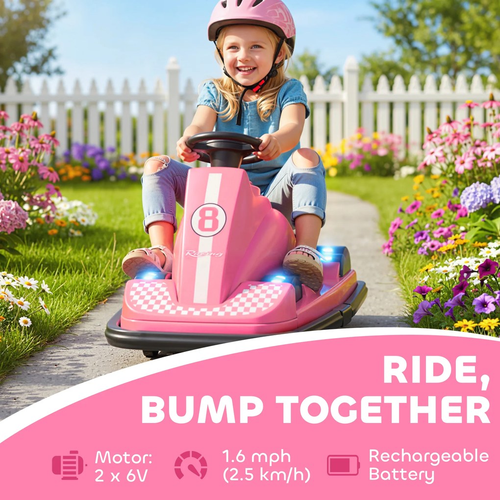 AIYAPLAY Autoscooter dla dzieci, obracany o 360 stopni, kierownica, światła LED, funkcja muzyczna, 3–8 lat, różowy