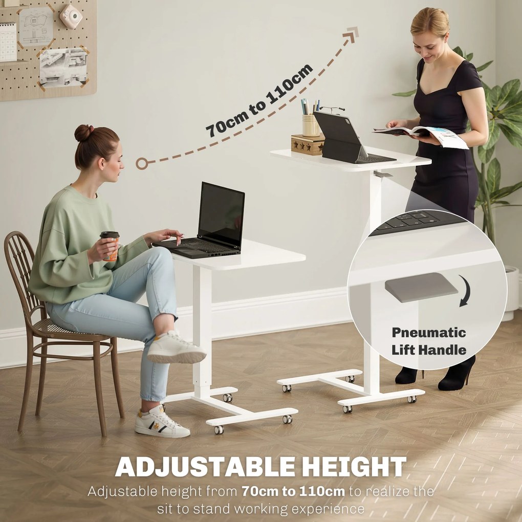 HOMCOM Biurko stojące z regulowaną wysokością na 4 kółkach w kształcie litery C, Białe, 65 cm x 48 cm x 70-110 cm