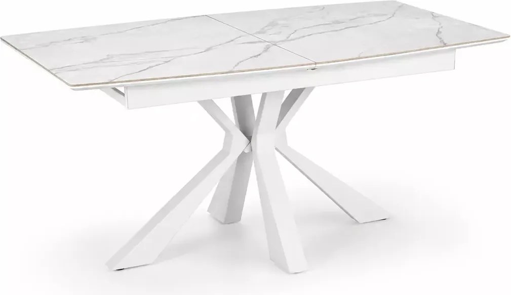 Stół Vivald rozkładany 160–200 cm – biały marmur spiek MDF, stalowa krzyżowa podstawa, elegancki stół do jadalni i salonu