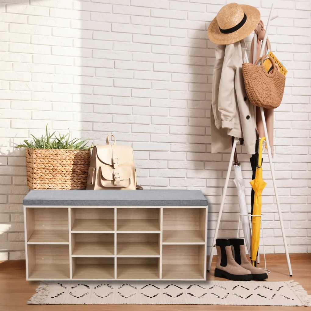 Szafka na buty z tapicerowaną ławką GABI, 10 przegródek, 104x30x48cm, szary/jasnobrązowy Jurhan