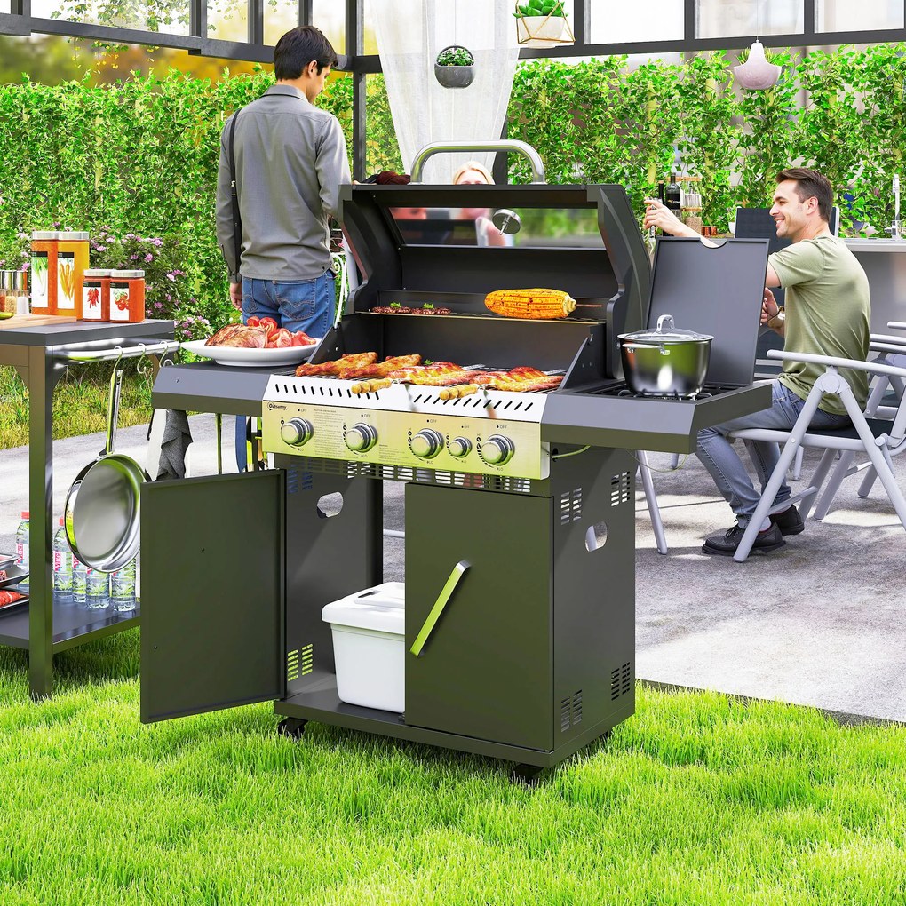 Outsunny grill gazowy na wózku z pięcioma palnikami bocznym palnikiem kółkami pokrywą termometrem i półkami do ogrodu | Aosom PL