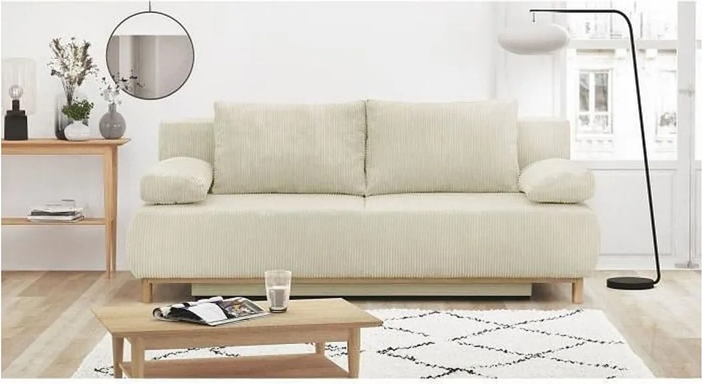 Kanapa Rozkładana 3-osobowa MIKA Aksamit w Pasy Beżowy z Pojemnikiem