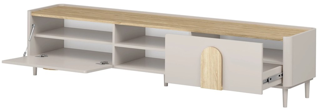 Szafka RTV Amilio 220 cm z szufladą na nóżkach - kaszmir / dąb olejowany / uchwyty dąb jasny