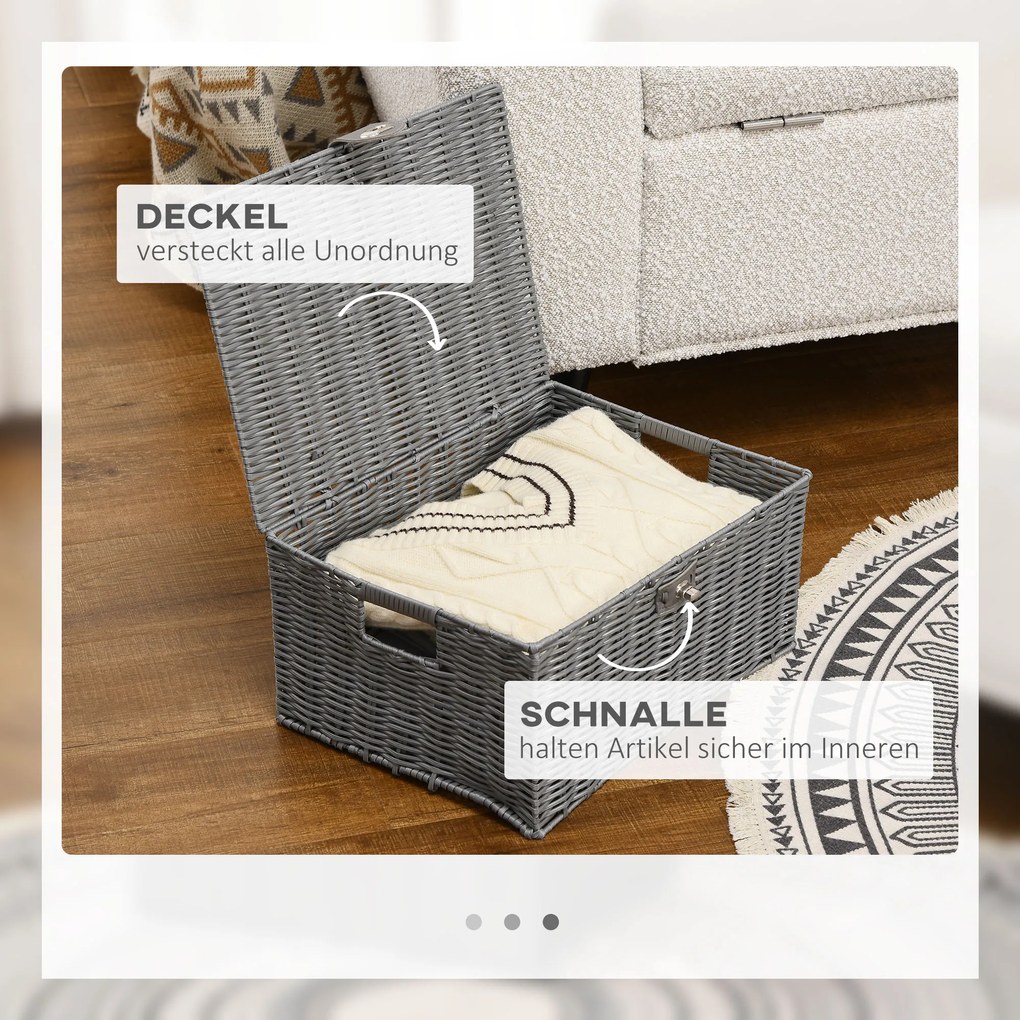 HOMCOM Zestaw 3 koszy do przechowywania z PE-Rattanu Szare z zapięciem i uchwytami 355x285x18cm | Aosom PL