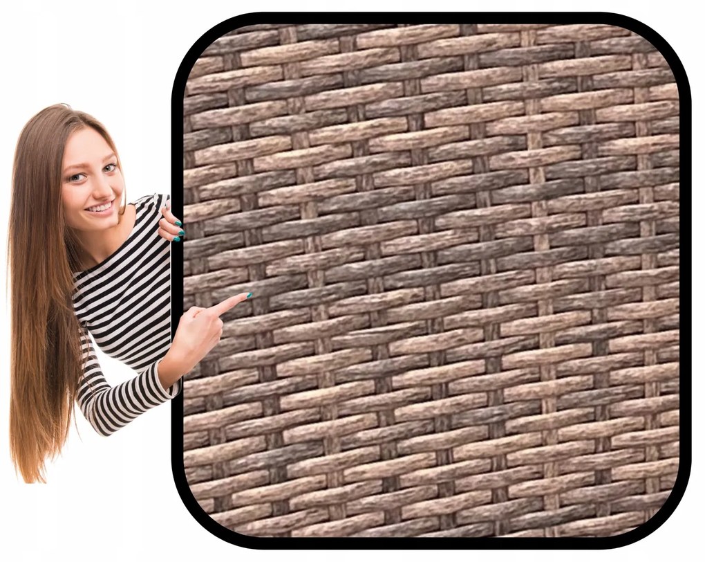 Meble ogrodowe Ratina, dwuosobowa sofa ze stolikiem, kolor jasny brąz, poduszki szare